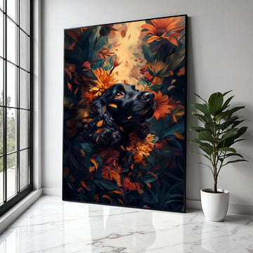 Black Spaniel with Autumn Flowers Canvas, Dog Portrait Wall Art, Vibrant Floral Decor, Nature Inspired Canvas Gift Art, Home Decor, Print
