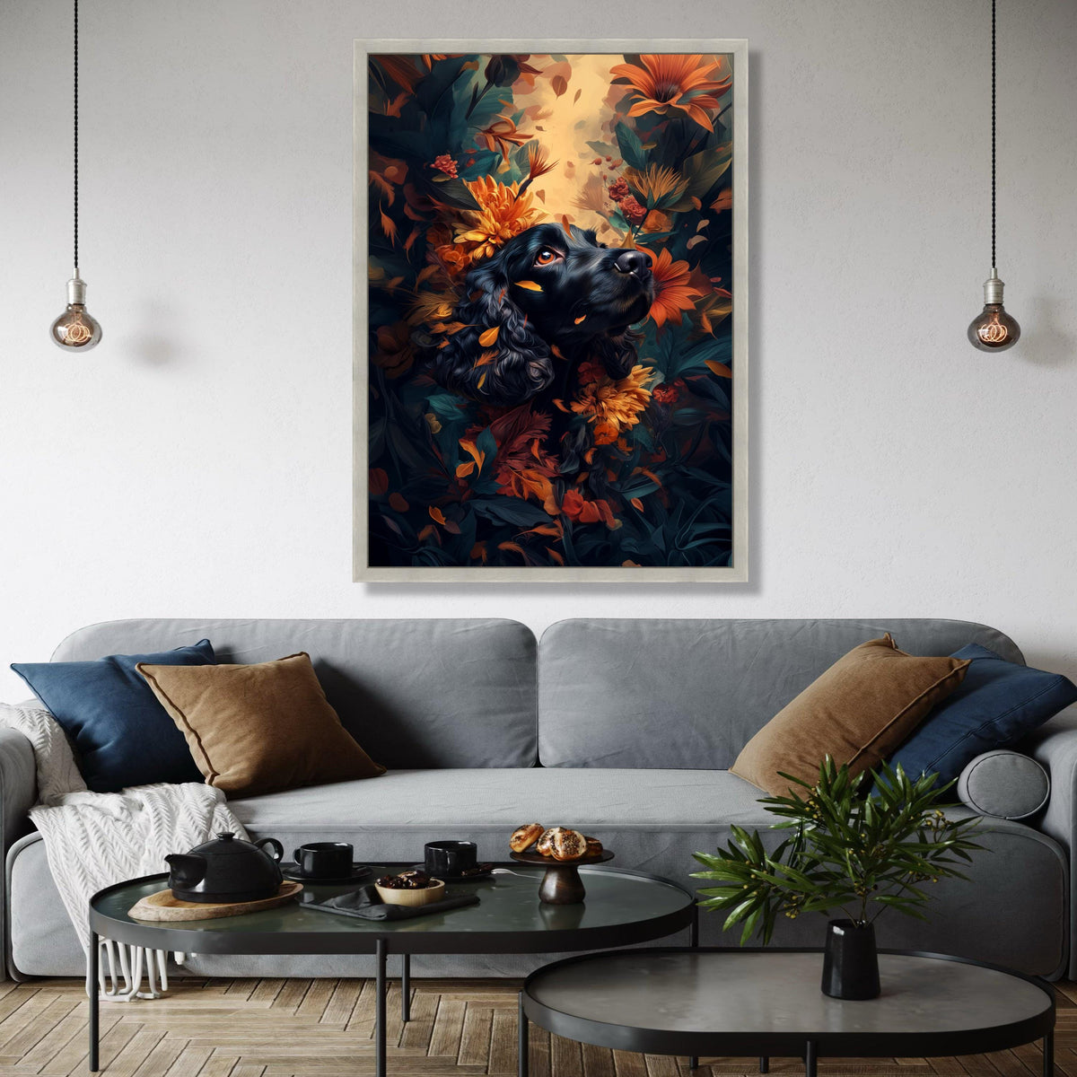 Black Spaniel with Autumn Flowers Canvas, Dog Portrait Wall Art, Vibrant Floral Decor, Nature Inspired Canvas Gift Art, Home Decor, Print