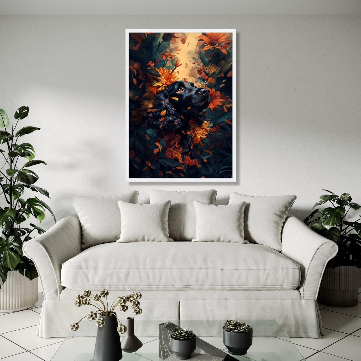 Black Spaniel with Autumn Flowers Canvas, Dog Portrait Wall Art, Vibrant Floral Decor, Nature Inspired Canvas Gift Art, Home Decor, Print