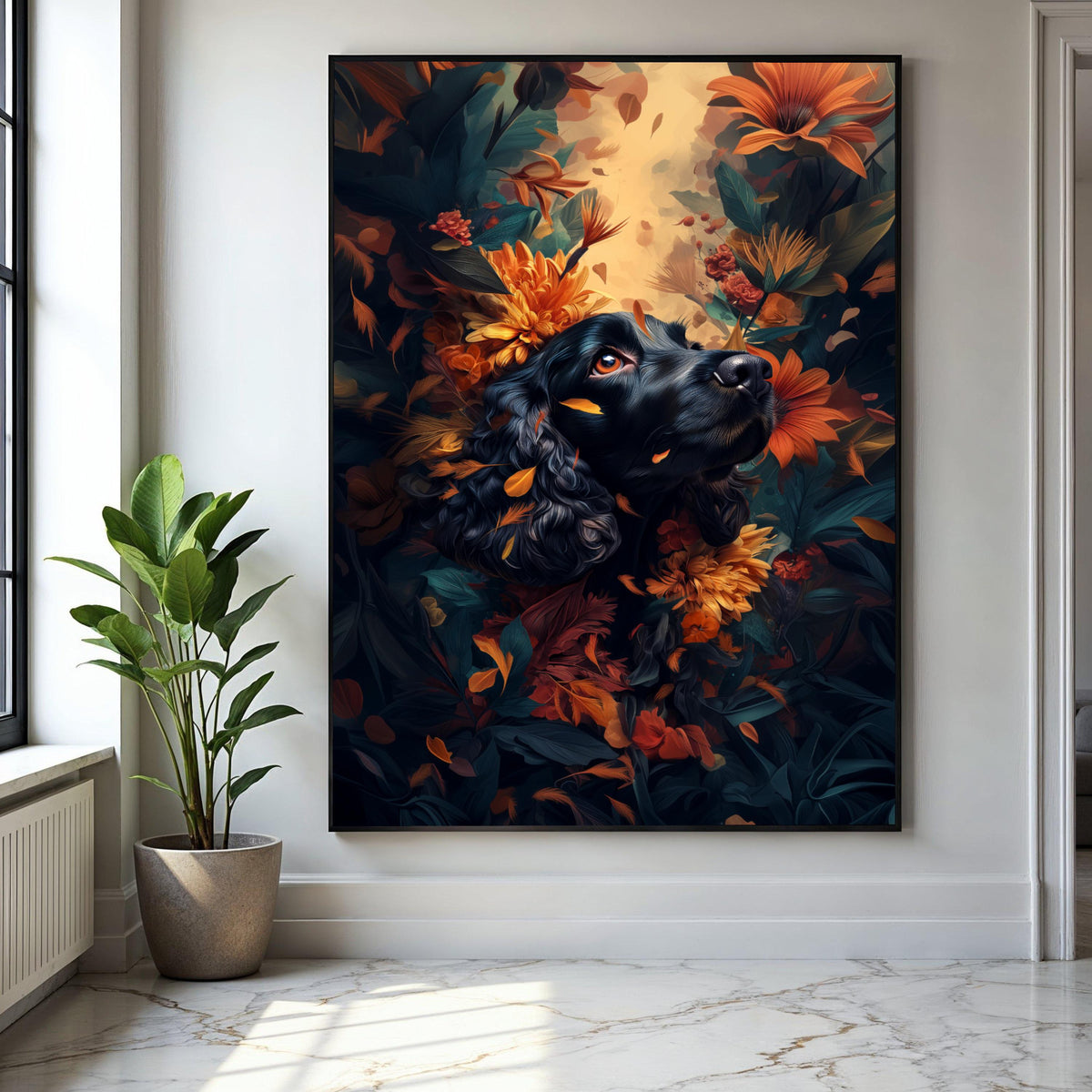 Black Spaniel with Autumn Flowers Canvas, Dog Portrait Wall Art, Vibrant Floral Decor, Nature Inspired Canvas Gift Art, Home Decor, Print
