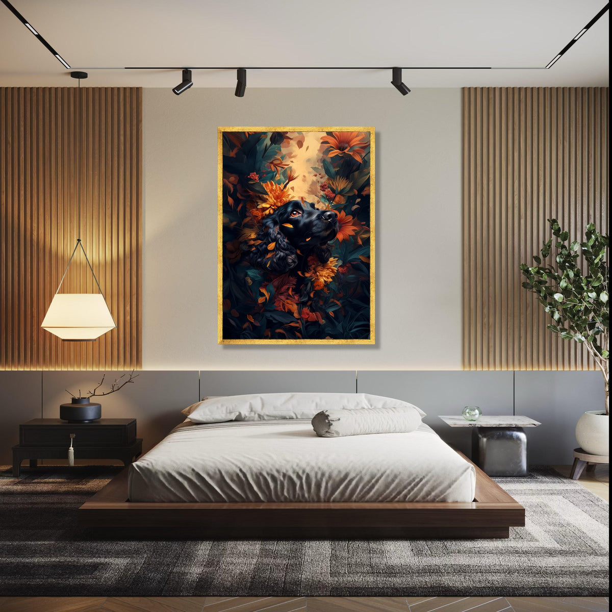 Black Spaniel with Autumn Flowers Canvas, Dog Portrait Wall Art, Vibrant Floral Decor, Nature Inspired Canvas Gift Art, Home Decor, Print