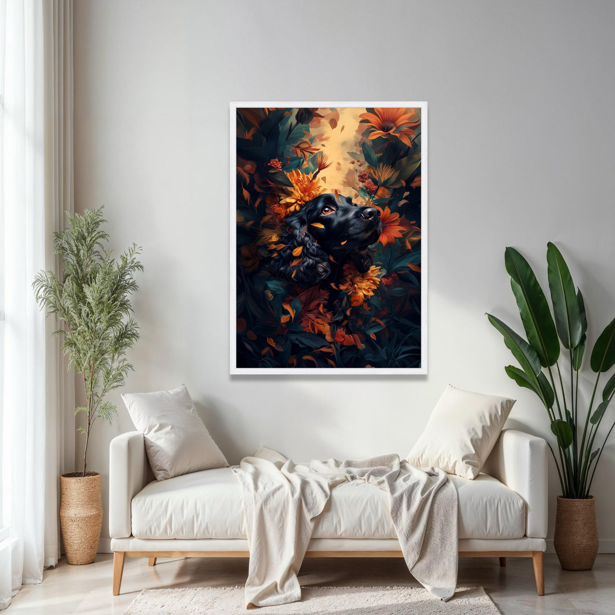 Black Spaniel with Autumn Flowers Canvas, Dog Portrait Wall Art, Vibrant Floral Decor, Nature Inspired Canvas Gift Art, Home Decor, Print