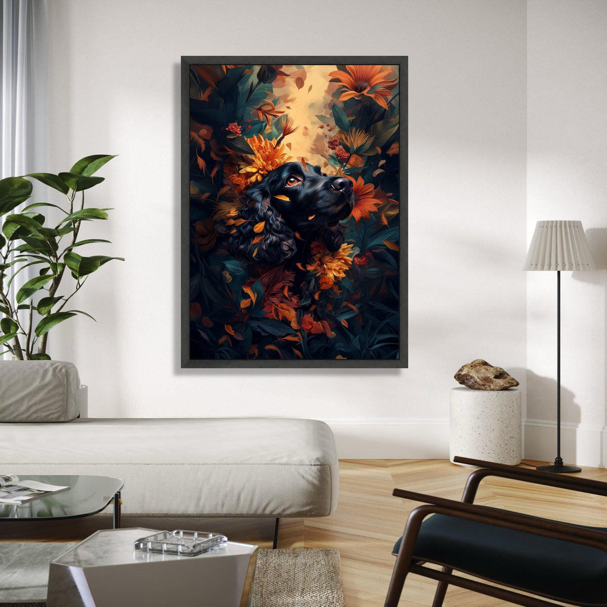 Black Spaniel with Autumn Flowers Canvas, Dog Portrait Wall Art, Vibrant Floral Decor, Nature Inspired Canvas Gift Art, Home Decor, Print
