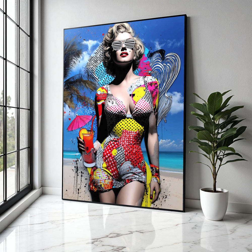 Monroe Vibrant Pop Art Beach Lady Canvas, Retro Summer Wall Art, Colorful Fashion Illustration, Tropical Cocktail Gift Art, Home Decor,Print
