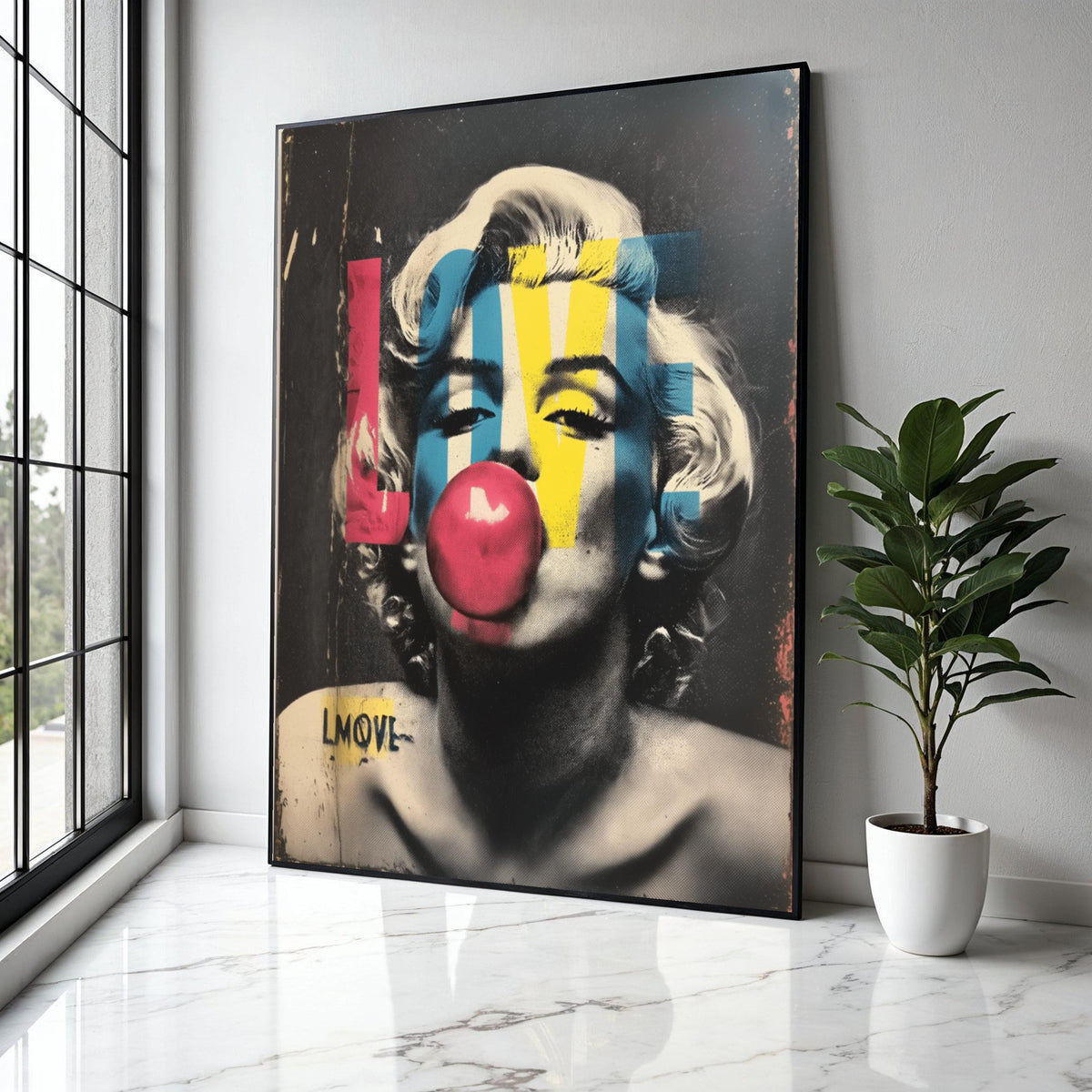 Retro Icon Pop Art Canvas, Marilyn Monroe Bubblegum Wall Art, Colorful LOVE Typography Canvas, Vintage Celebrity Gift Art, Home Decor, Print