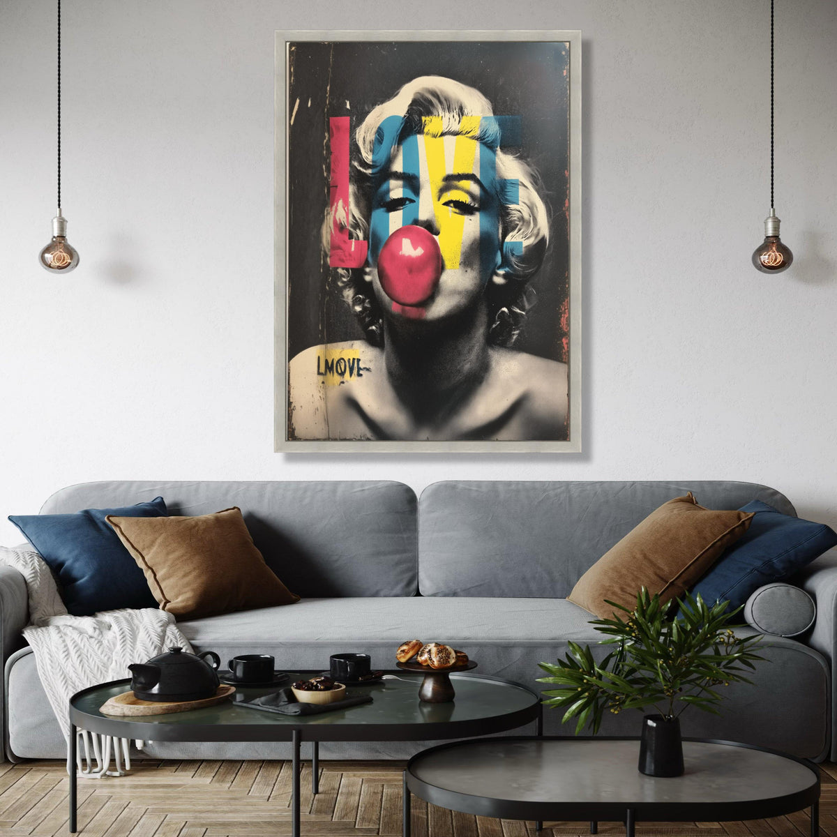 Retro Icon Pop Art Canvas, Marilyn Monroe Bubblegum Wall Art, Colorful LOVE Typography Canvas, Vintage Celebrity Gift Art, Home Decor, Print