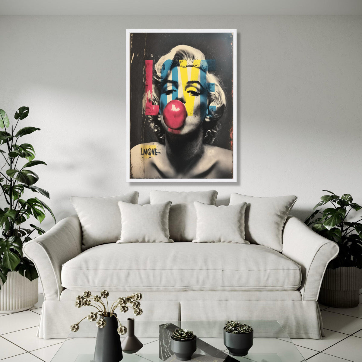 Retro Icon Pop Art Canvas, Marilyn Monroe Bubblegum Wall Art, Colorful LOVE Typography Canvas, Vintage Celebrity Gift Art, Home Decor, Print