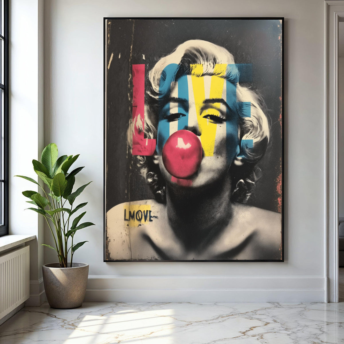Retro Icon Pop Art Canvas, Marilyn Monroe Bubblegum Wall Art, Colorful LOVE Typography Canvas, Vintage Celebrity Gift Art, Home Decor, Print