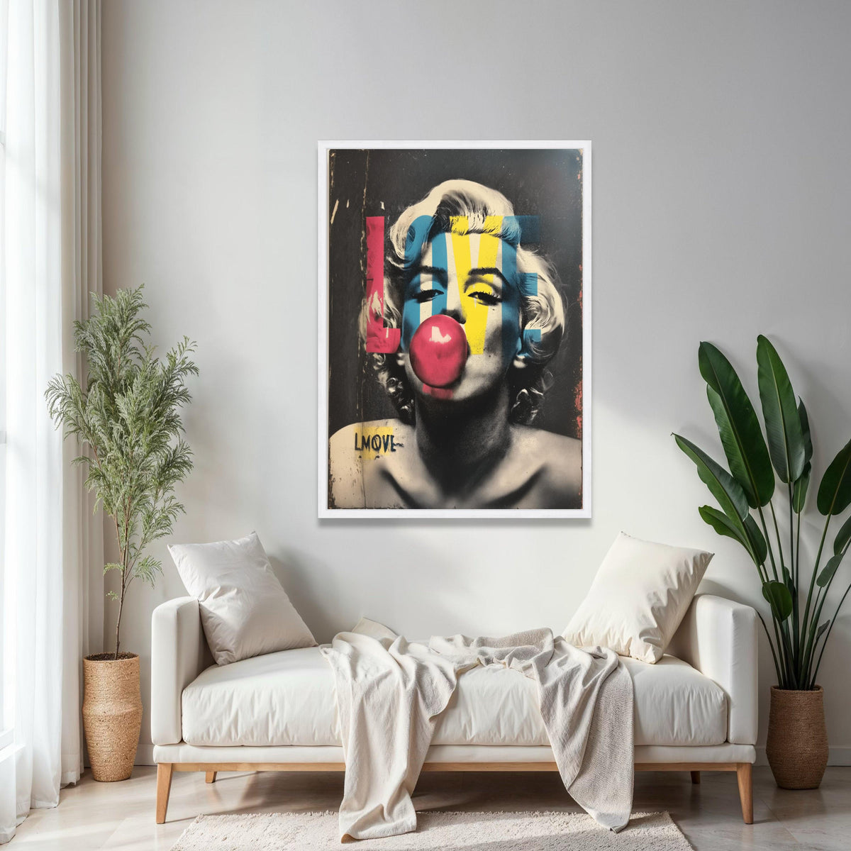 Retro Icon Pop Art Canvas, Marilyn Monroe Bubblegum Wall Art, Colorful LOVE Typography Canvas, Vintage Celebrity Gift Art, Home Decor, Print