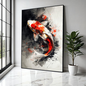 Vibrant Koi Fish Canvas Wall Art, Abstract Ink Splash Design, Red and White Koi Carp, Japanese Style Home Gift Art, Home Decor, Print