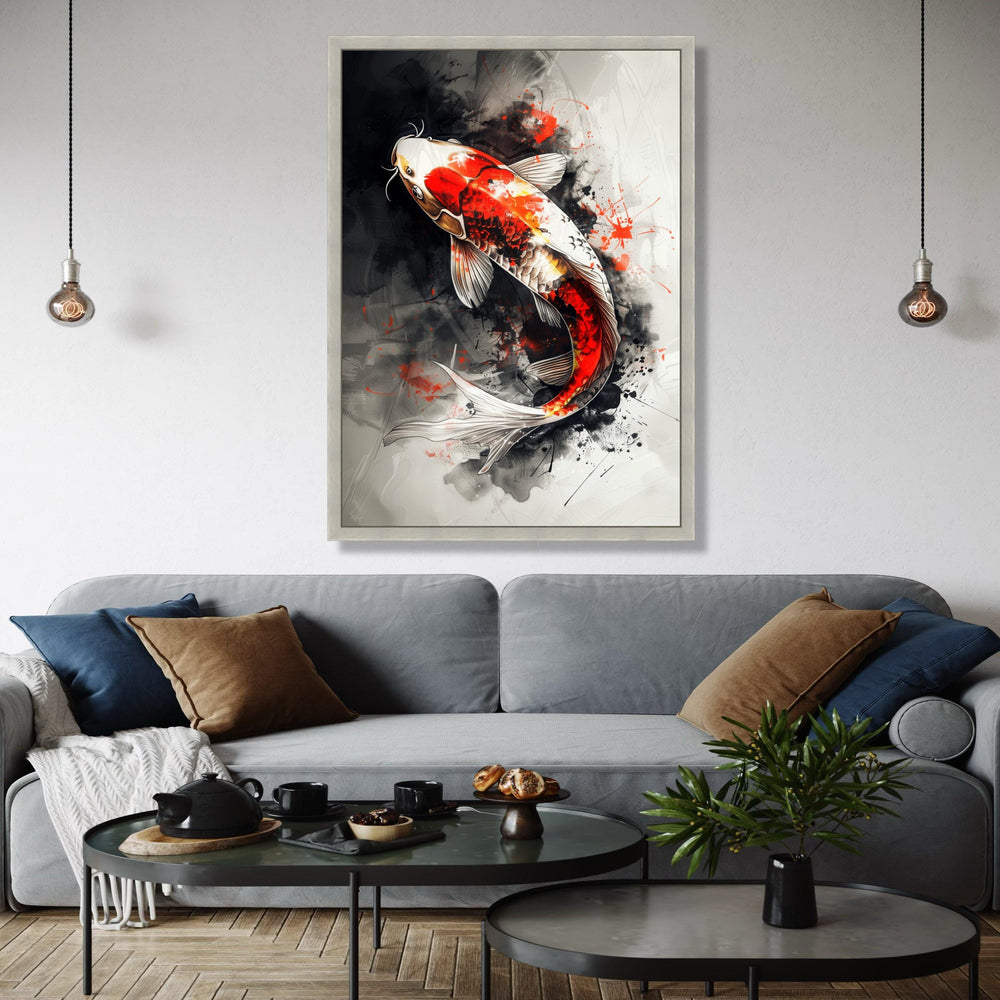Vibrant Koi Fish Canvas Wall Art, Abstract Ink Splash Design, Red and White Koi Carp, Japanese Style Home Gift Art, Home Decor, Print