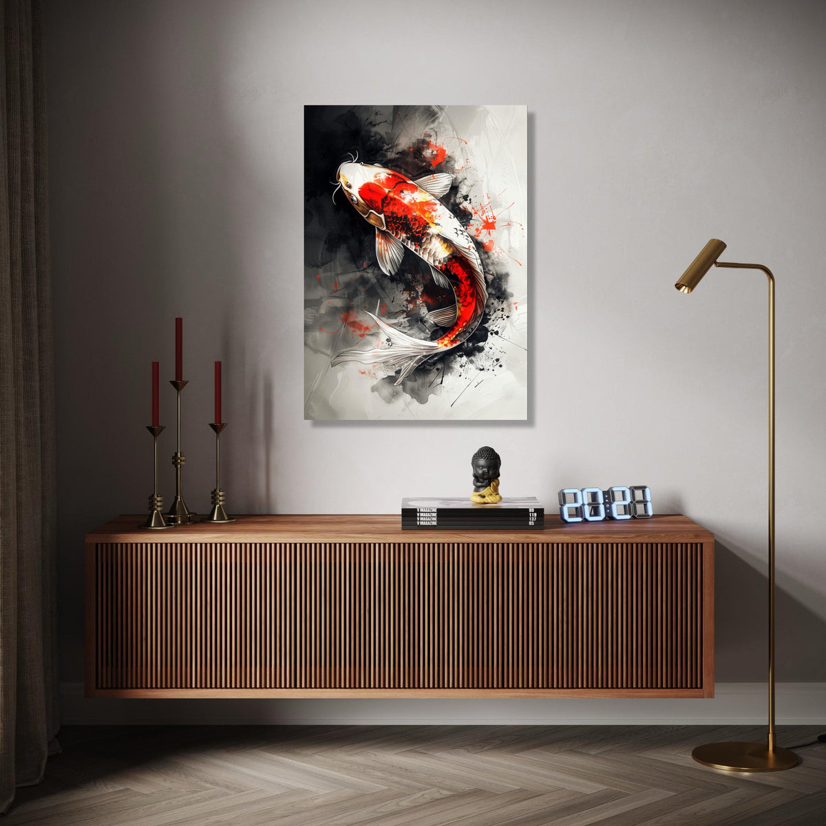 Vibrant Koi Fish Canvas Wall Art, Abstract Ink Splash Design, Red and White Koi Carp, Japanese Style Home Gift Art, Home Decor, Print