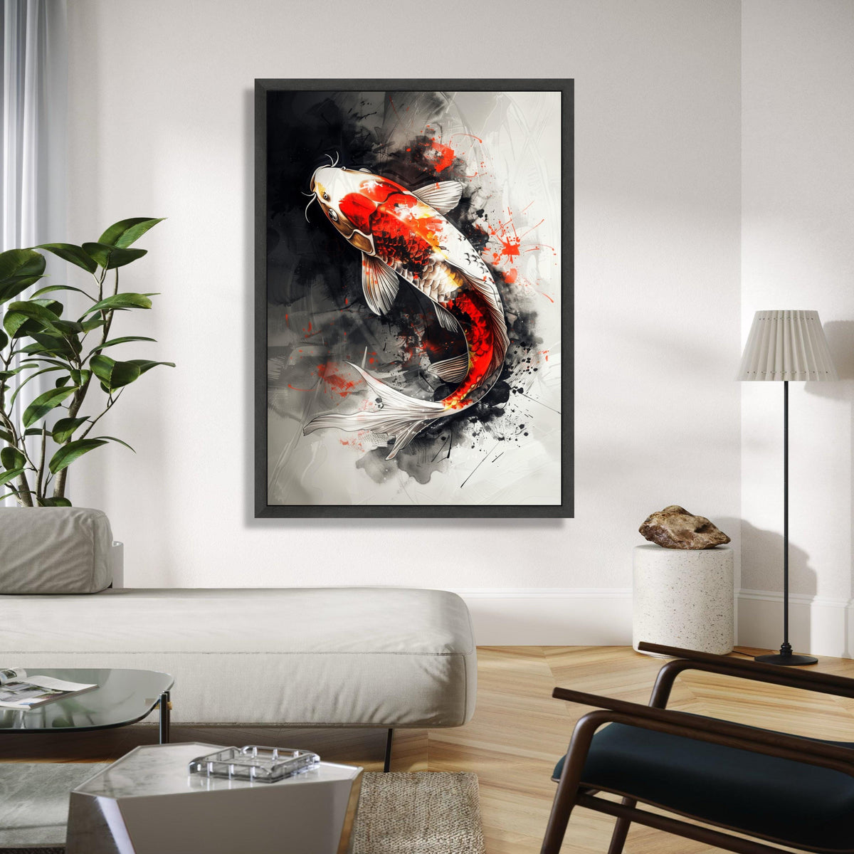 Vibrant Koi Fish Canvas Wall Art, Abstract Ink Splash Design, Red and White Koi Carp, Japanese Style Home Gift Art, Home Decor, Print