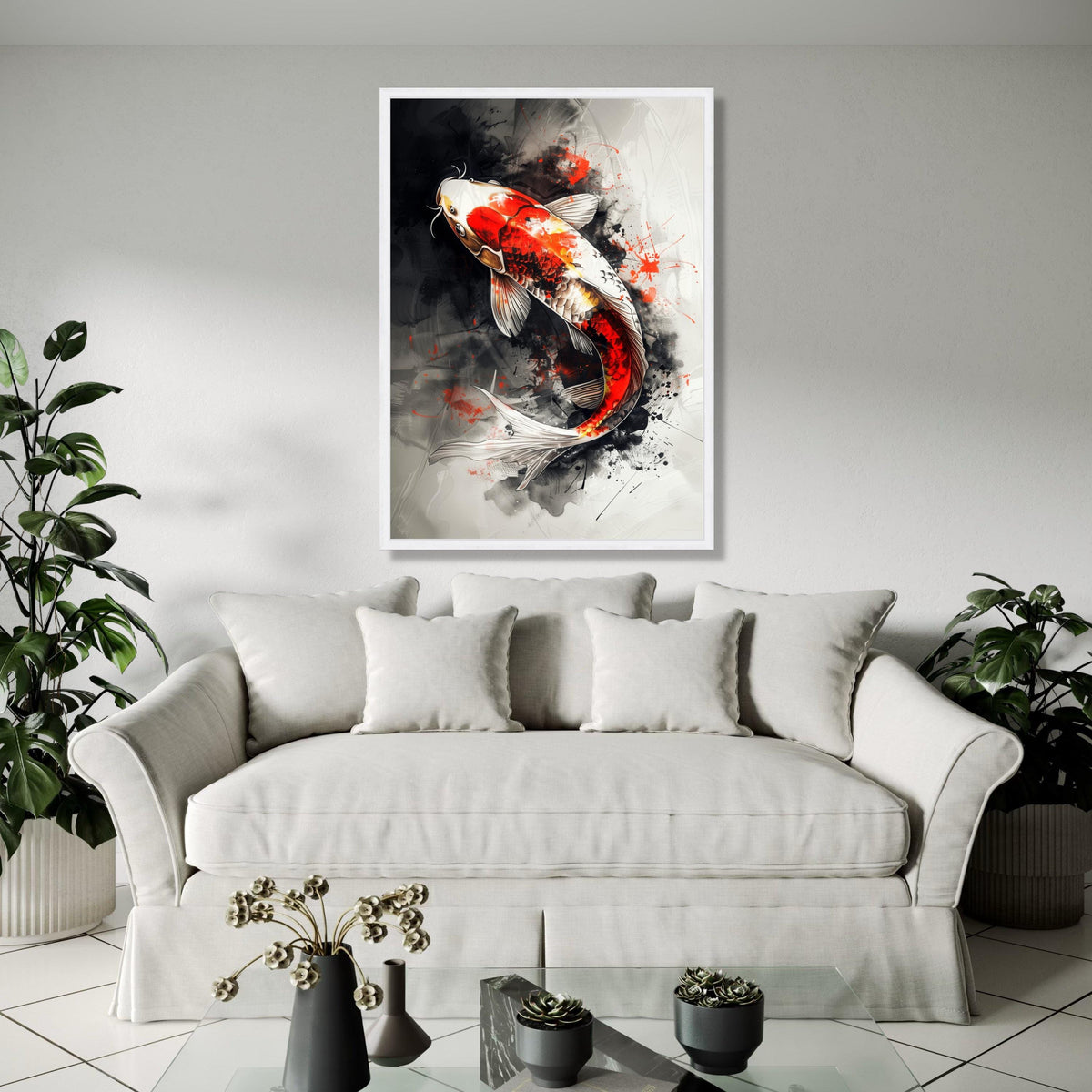 Vibrant Koi Fish Canvas Wall Art, Abstract Ink Splash Design, Red and White Koi Carp, Japanese Style Home Gift Art, Home Decor, Print