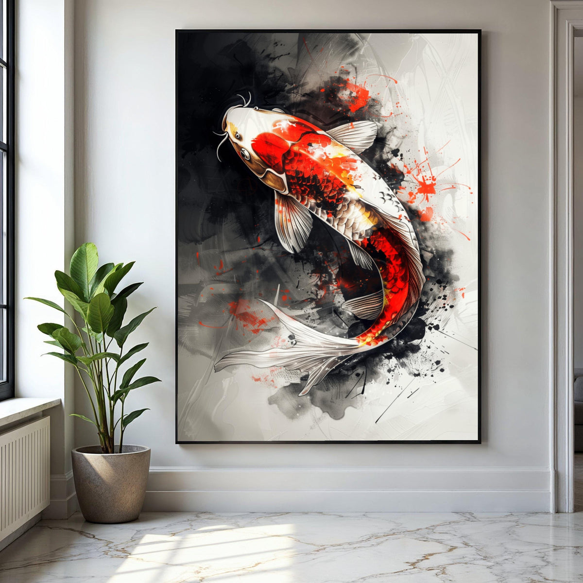 Vibrant Koi Fish Canvas Wall Art, Abstract Ink Splash Design, Red and White Koi Carp, Japanese Style Home Gift Art, Home Decor, Print