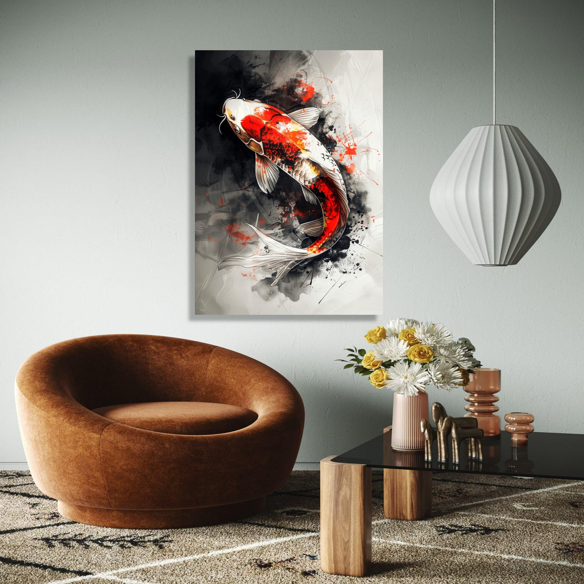Vibrant Koi Fish Canvas Wall Art, Abstract Ink Splash Design, Red and White Koi Carp, Japanese Style Home Gift Art, Home Decor, Print