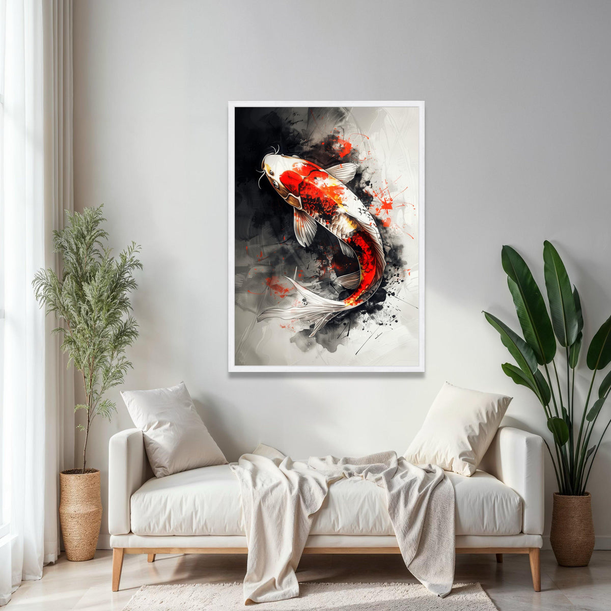 Vibrant Koi Fish Canvas Wall Art, Abstract Ink Splash Design, Red and White Koi Carp, Japanese Style Home Gift Art, Home Decor, Print