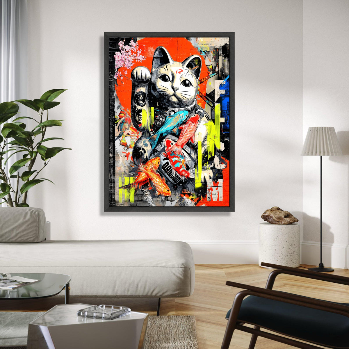 Lucky Maneki Cat Canvas Art, Japanese Koi Fish Wall Decor, Modern Graffiti Style, Colorful Urban Canvas, Home Gift Art, Home Decor, Print