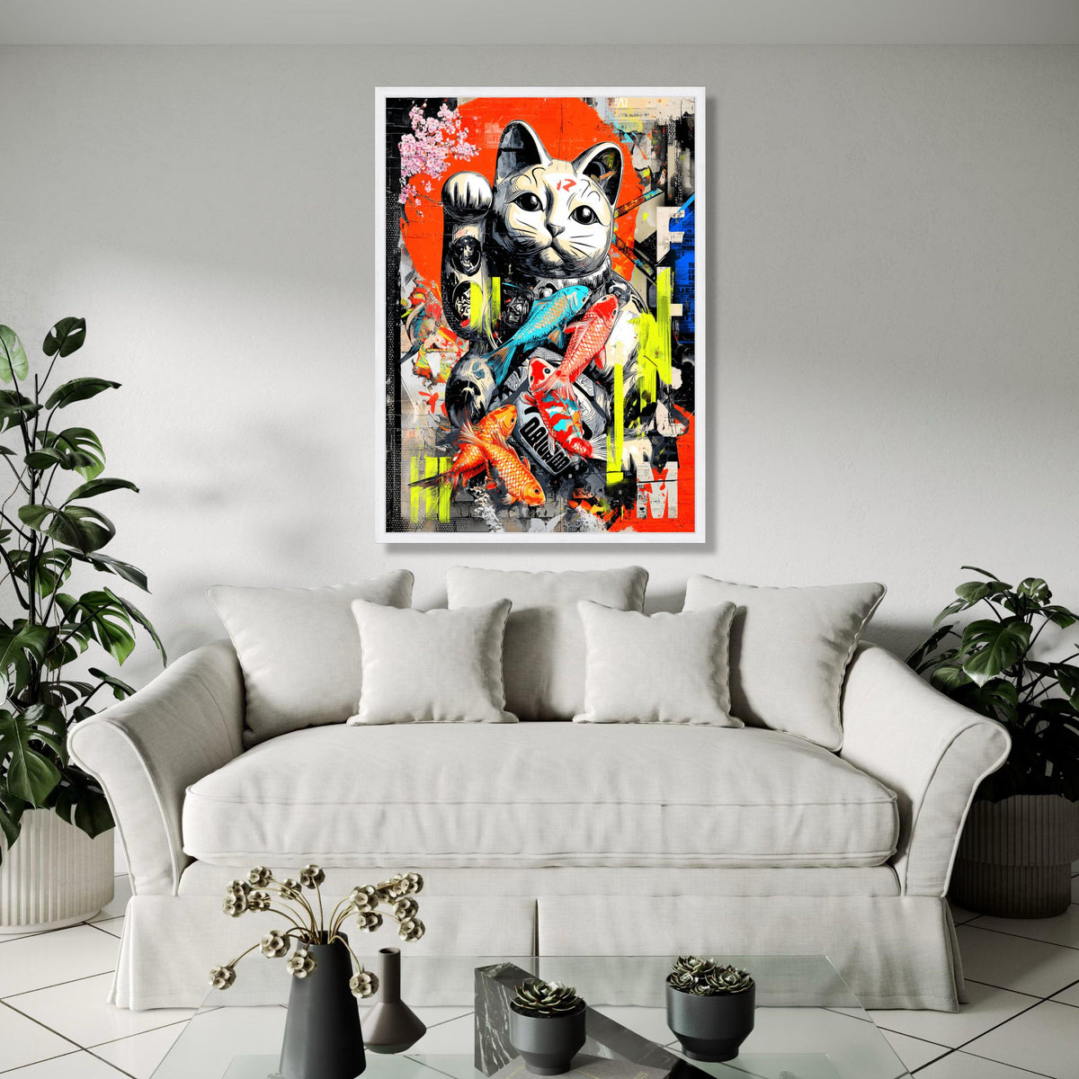 Lucky Maneki Cat Canvas Art, Japanese Koi Fish Wall Decor, Modern Graffiti Style, Colorful Urban Canvas, Home Gift Art, Home Decor, Print
