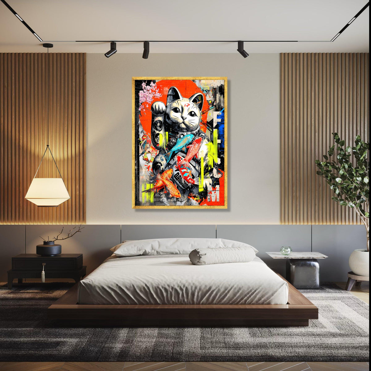 Lucky Maneki Cat Canvas Art, Japanese Koi Fish Wall Decor, Modern Graffiti Style, Colorful Urban Canvas, Home Gift Art, Home Decor, Print