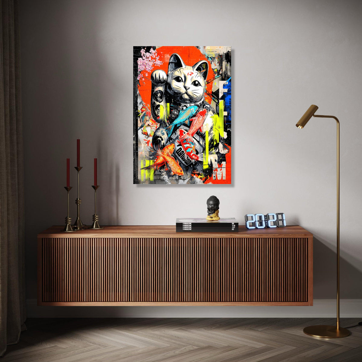 Lucky Maneki Cat Canvas Art, Japanese Koi Fish Wall Decor, Modern Graffiti Style, Colorful Urban Canvas, Home Gift Art, Home Decor, Print