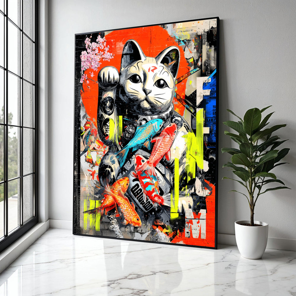 Lucky Maneki Cat Canvas Art, Japanese Koi Fish Wall Decor, Modern Graffiti Style, Colorful Urban Canvas, Home Gift Art, Home Decor, Print