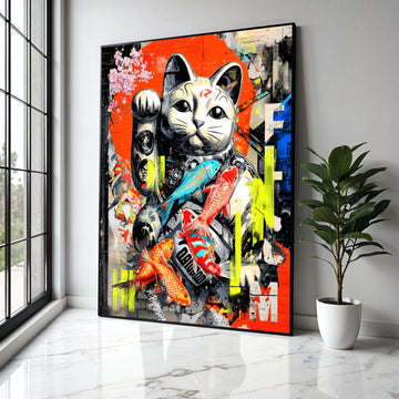 Lucky Maneki Cat Canvas Art, Japanese Koi Fish Wall Decor, Modern Graffiti Style, Colorful Urban Canvas, Home Gift Art, Home Decor, Print