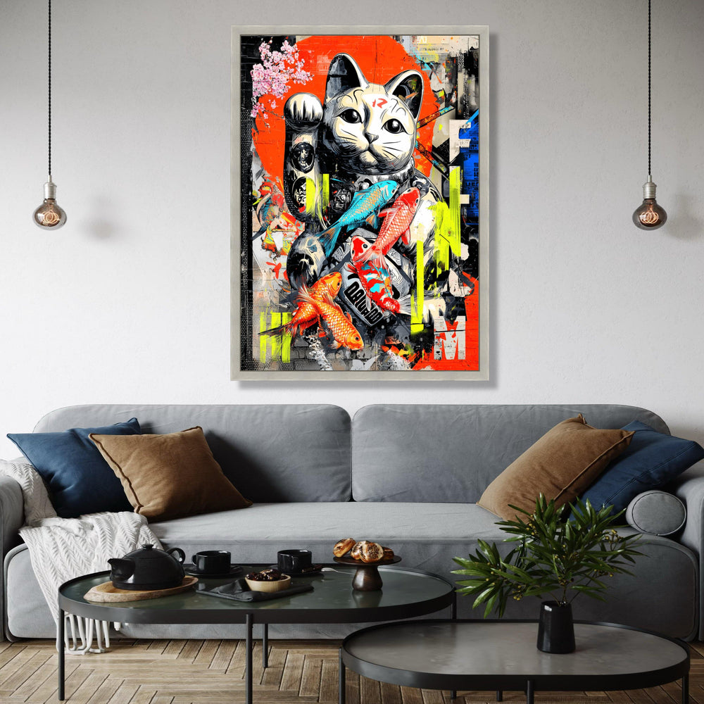Lucky Maneki Cat Canvas Art, Japanese Koi Fish Wall Decor, Modern Graffiti Style, Colorful Urban Canvas, Home Gift Art, Home Decor, Print