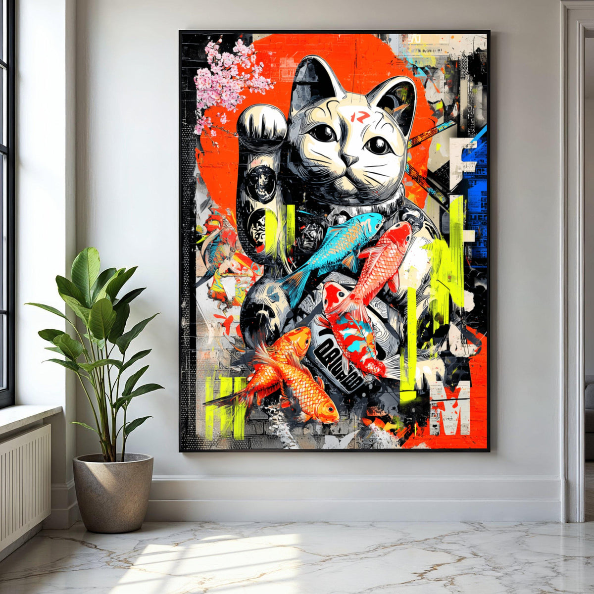 Lucky Maneki Cat Canvas Art, Japanese Koi Fish Wall Decor, Modern Graffiti Style, Colorful Urban Canvas, Home Gift Art, Home Decor, Print