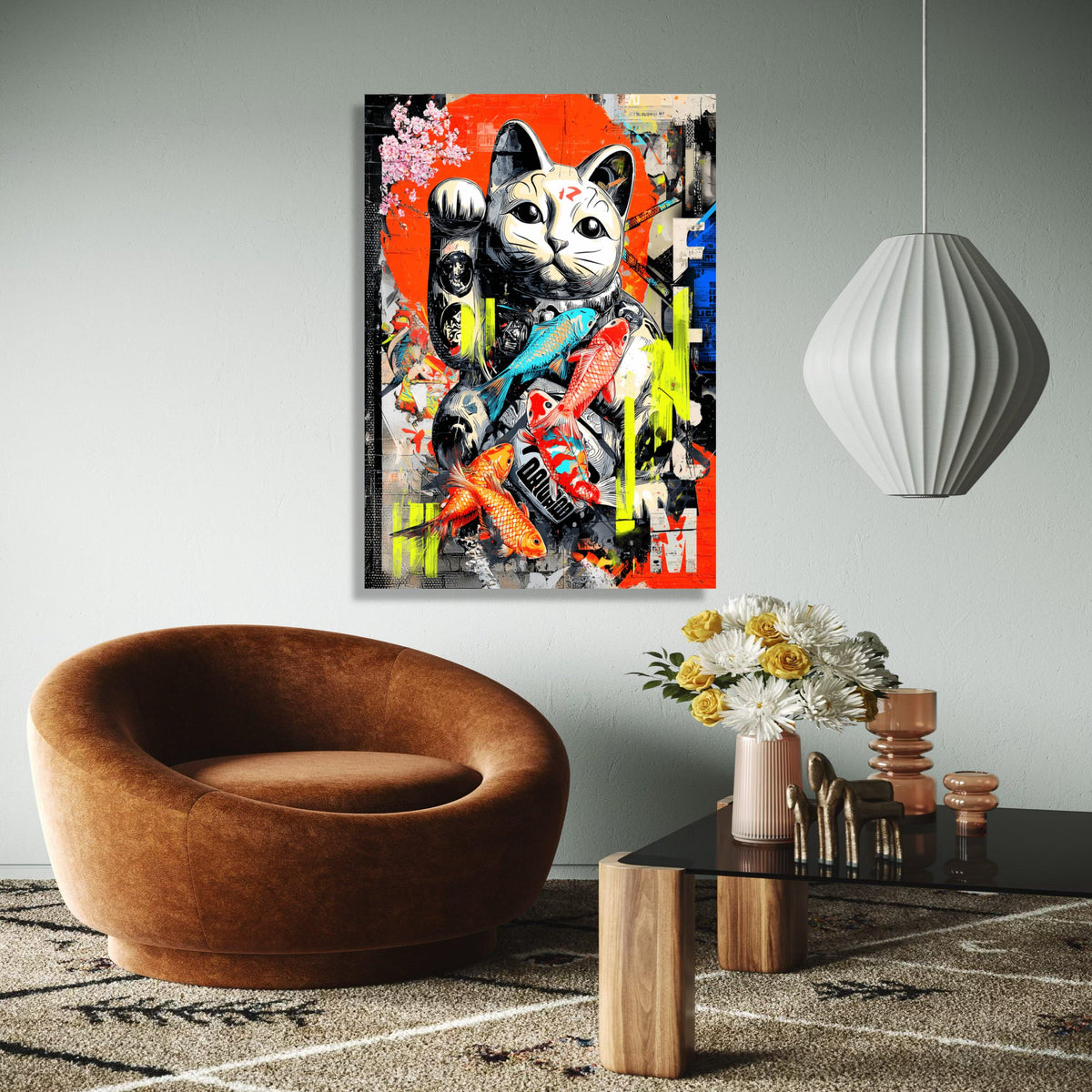 Lucky Maneki Cat Canvas Art, Japanese Koi Fish Wall Decor, Modern Graffiti Style, Colorful Urban Canvas, Home Gift Art, Home Decor, Print