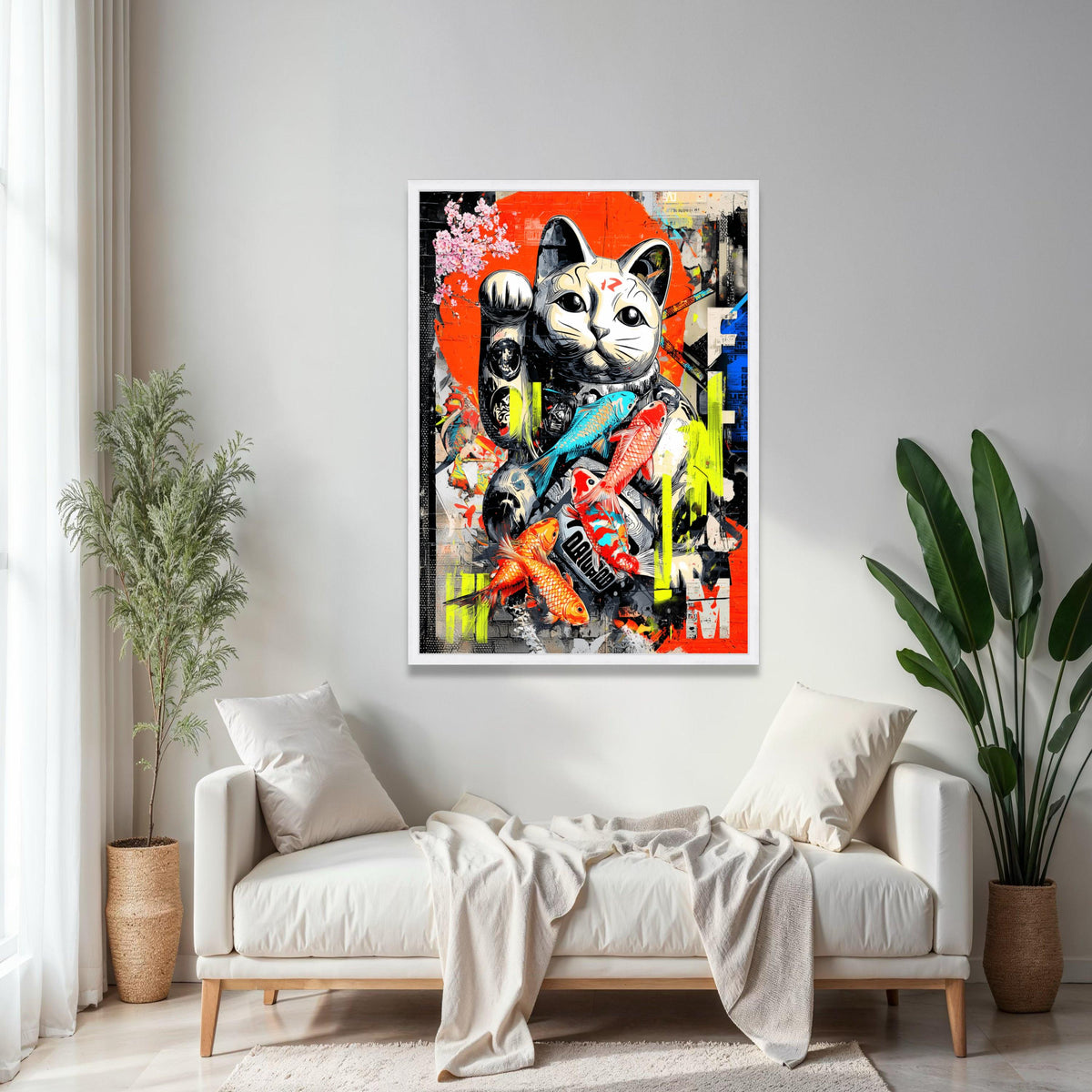 Lucky Maneki Cat Canvas Art, Japanese Koi Fish Wall Decor, Modern Graffiti Style, Colorful Urban Canvas, Home Gift Art, Home Decor, Print
