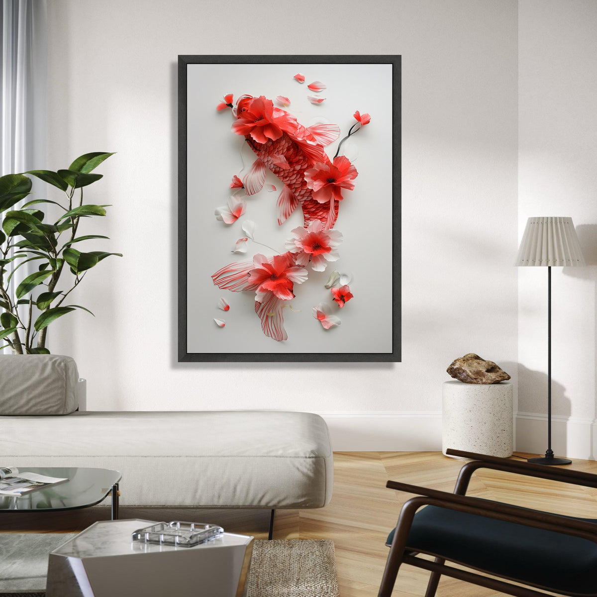 Elegant Red Koi Fish Canvas Wall Art, Floral Watercolor Painting, Asian Inspired Home Decor, Nature Botanical Gift Art, Home Decor, Print