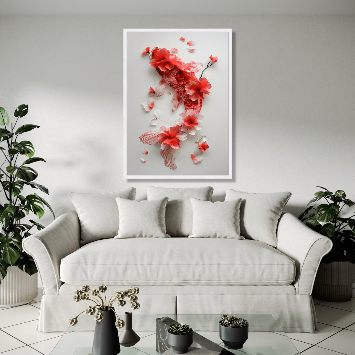 Elegant Red Koi Fish Canvas Wall Art, Floral Watercolor Painting, Asian Inspired Home Decor, Nature Botanical Gift Art, Home Decor, Print