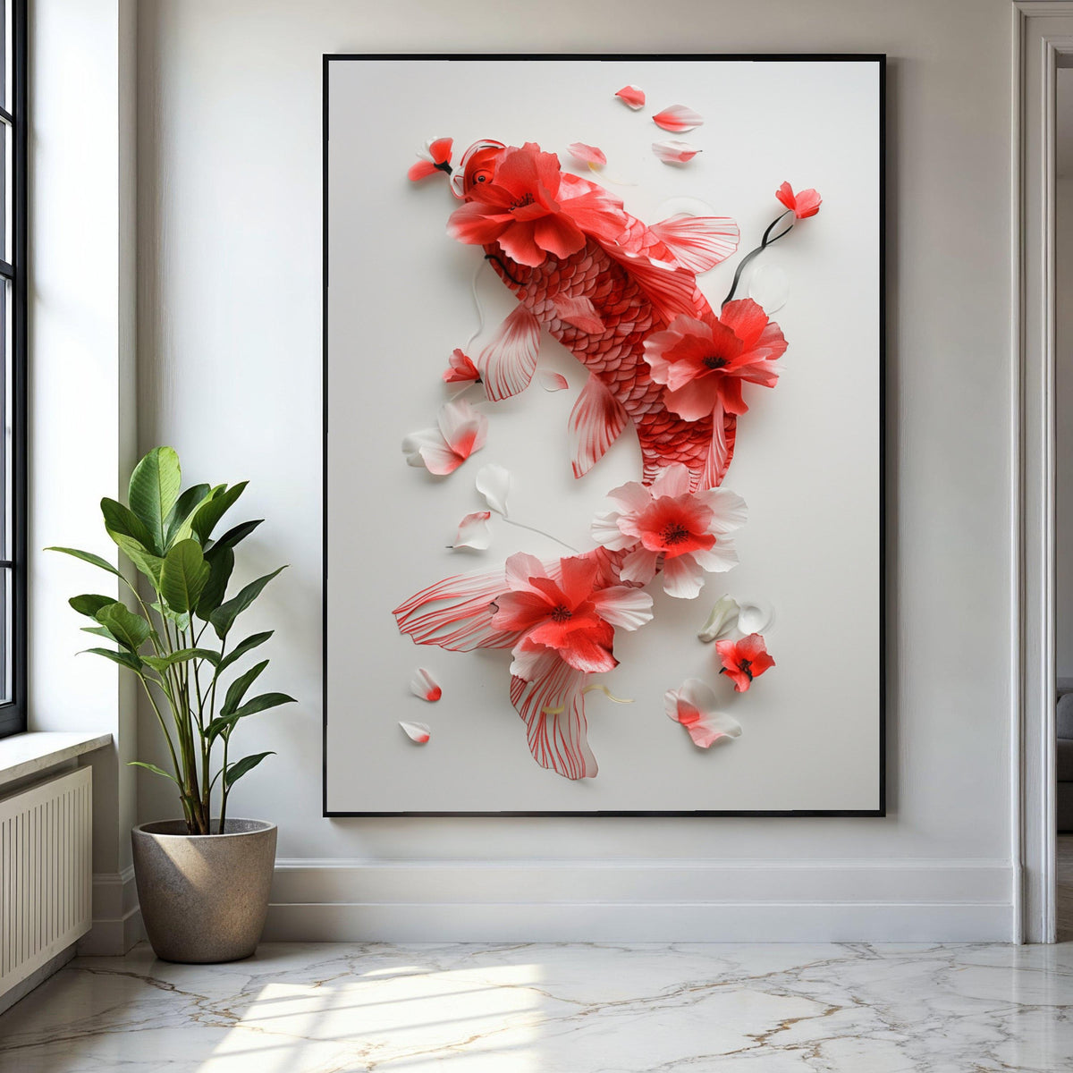 Elegant Red Koi Fish Canvas Wall Art, Floral Watercolor Painting, Asian Inspired Home Decor, Nature Botanical Gift Art, Home Decor, Print
