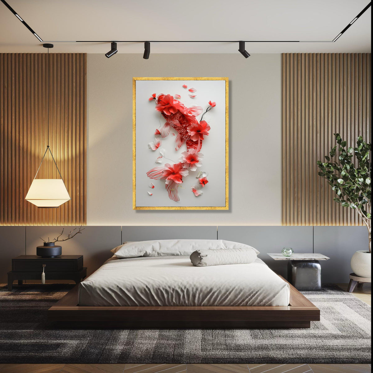 Elegant Red Koi Fish Canvas Wall Art, Floral Watercolor Painting, Asian Inspired Home Decor, Nature Botanical Gift Art, Home Decor, Print