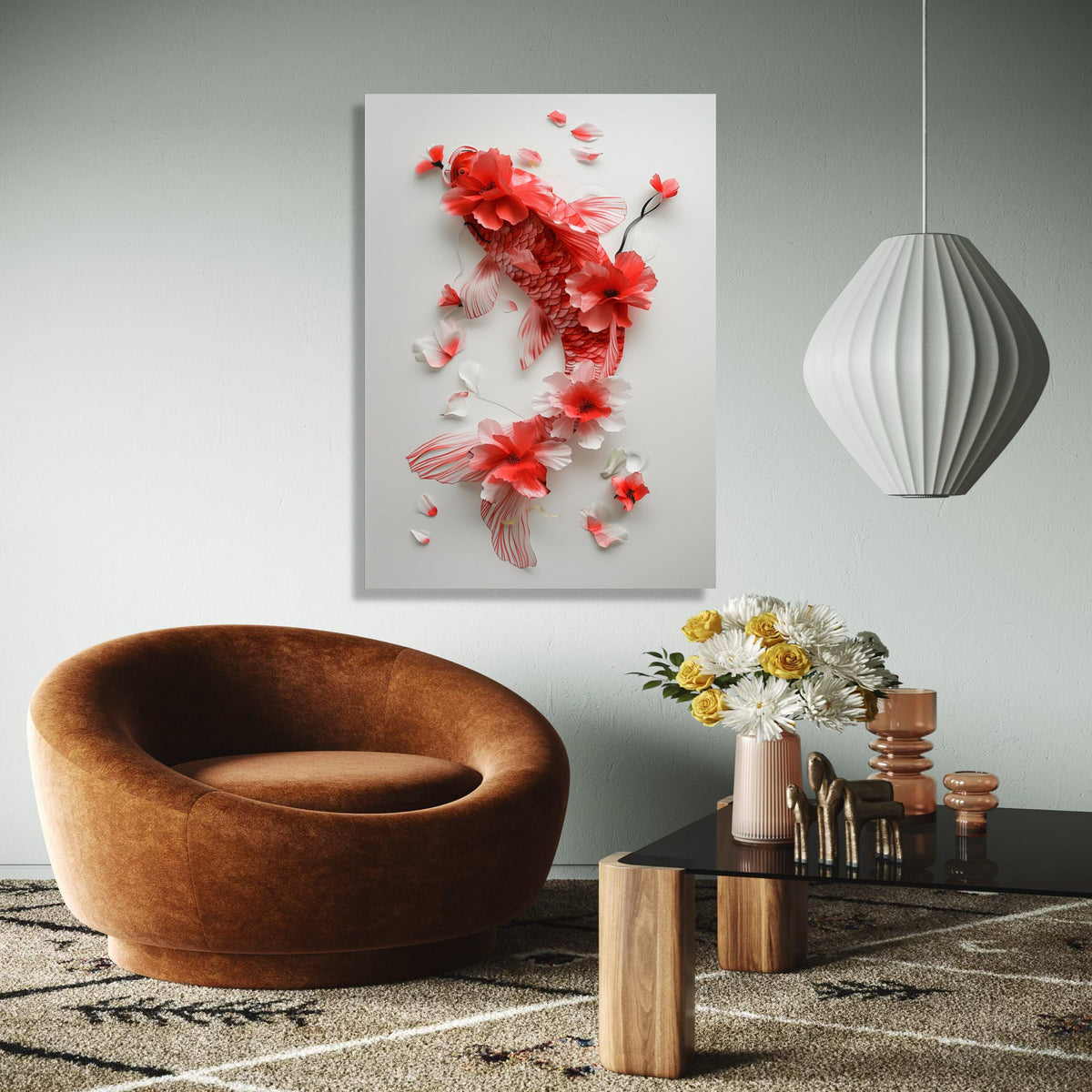 Elegant Red Koi Fish Canvas Wall Art, Floral Watercolor Painting, Asian Inspired Home Decor, Nature Botanical Gift Art, Home Decor, Print
