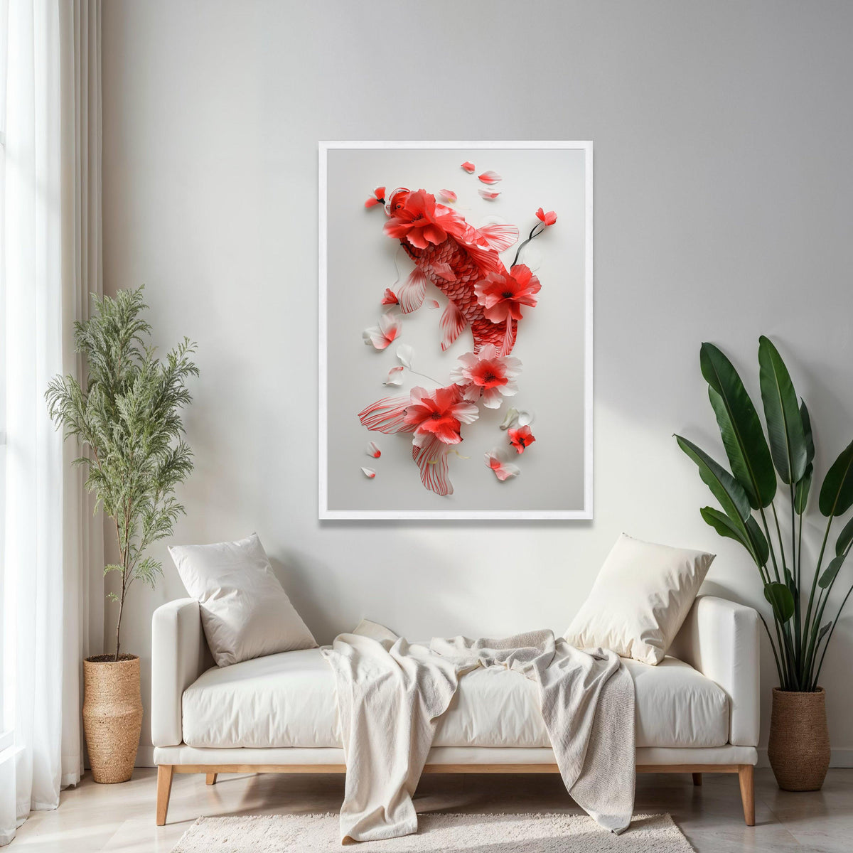 Elegant Red Koi Fish Canvas Wall Art, Floral Watercolor Painting, Asian Inspired Home Decor, Nature Botanical Gift Art, Home Decor, Print