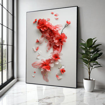 Elegant Red Koi Fish Canvas Wall Art, Floral Watercolor Painting, Asian Inspired Home Decor, Nature Botanical Gift Art, Home Decor, Print