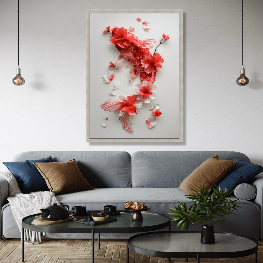 Elegant Red Koi Fish Canvas Wall Art, Floral Watercolor Painting, Asian Inspired Home Decor, Nature Botanical Gift Art, Home Decor, Print