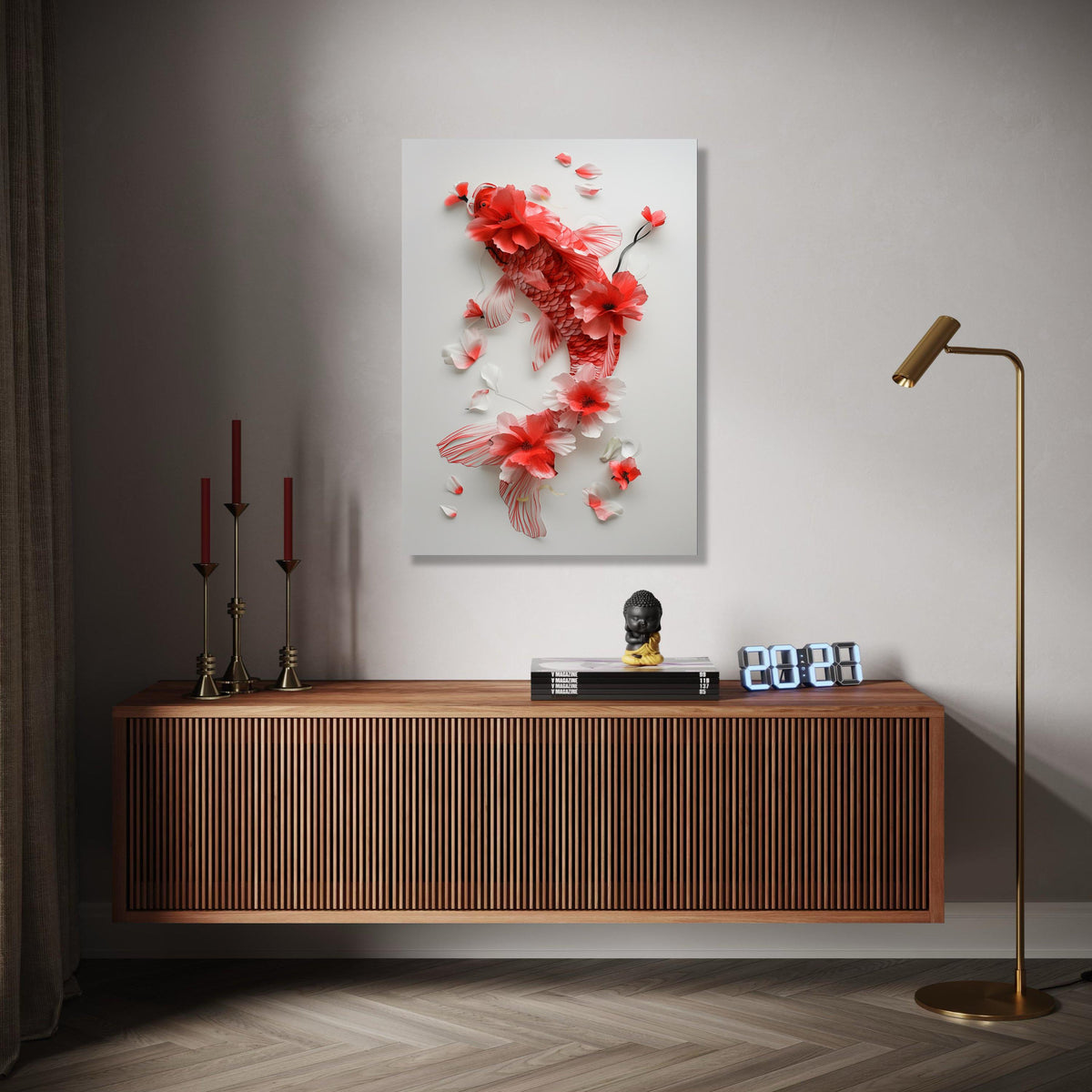 Elegant Red Koi Fish Canvas Wall Art, Floral Watercolor Painting, Asian Inspired Home Decor, Nature Botanical Gift Art, Home Decor, Print