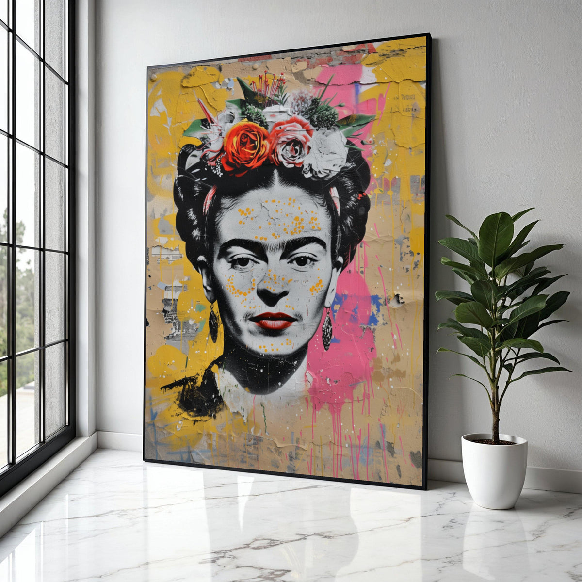 Frida Kahlo Portrait Canvas, Colorful Floral Headpiece Wall Art, Street Art Style, Inspirational Latinx Icon Gift Art, Home Decor, Print