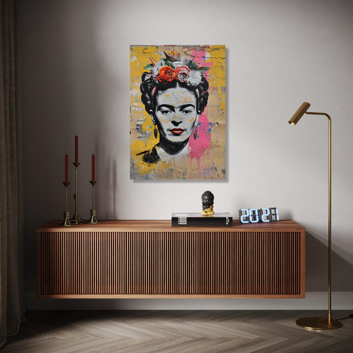 Frida Kahlo Portrait Canvas, Colorful Floral Headpiece Wall Art, Street Art Style, Inspirational Latinx Icon Gift Art, Home Decor, Print