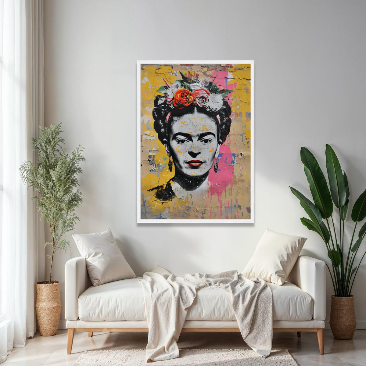 Frida Kahlo Portrait Canvas, Colorful Floral Headpiece Wall Art, Street Art Style, Inspirational Latinx Icon Gift Art, Home Decor, Print