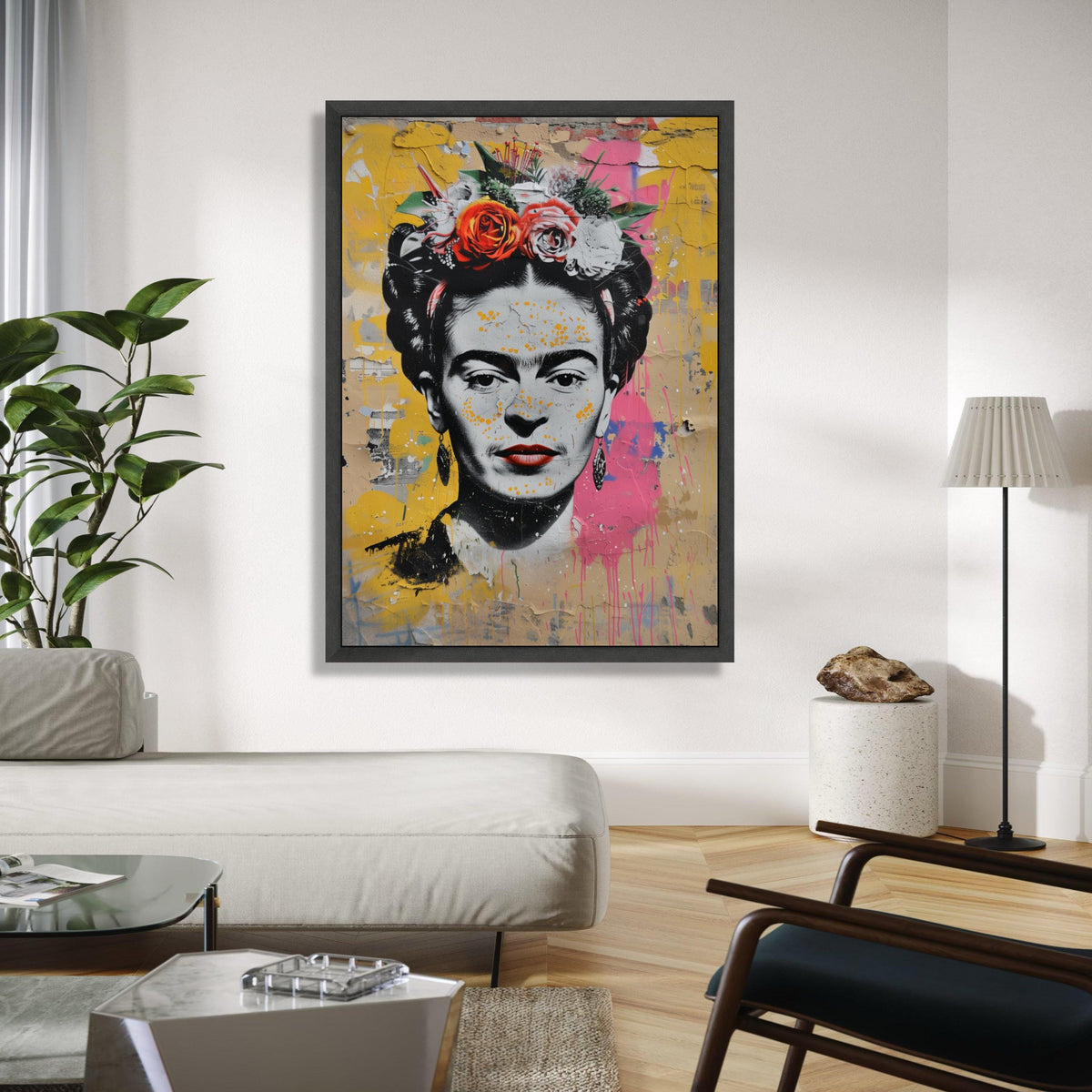 Frida Kahlo Portrait Canvas, Colorful Floral Headpiece Wall Art, Street Art Style, Inspirational Latinx Icon Gift Art, Home Decor, Print