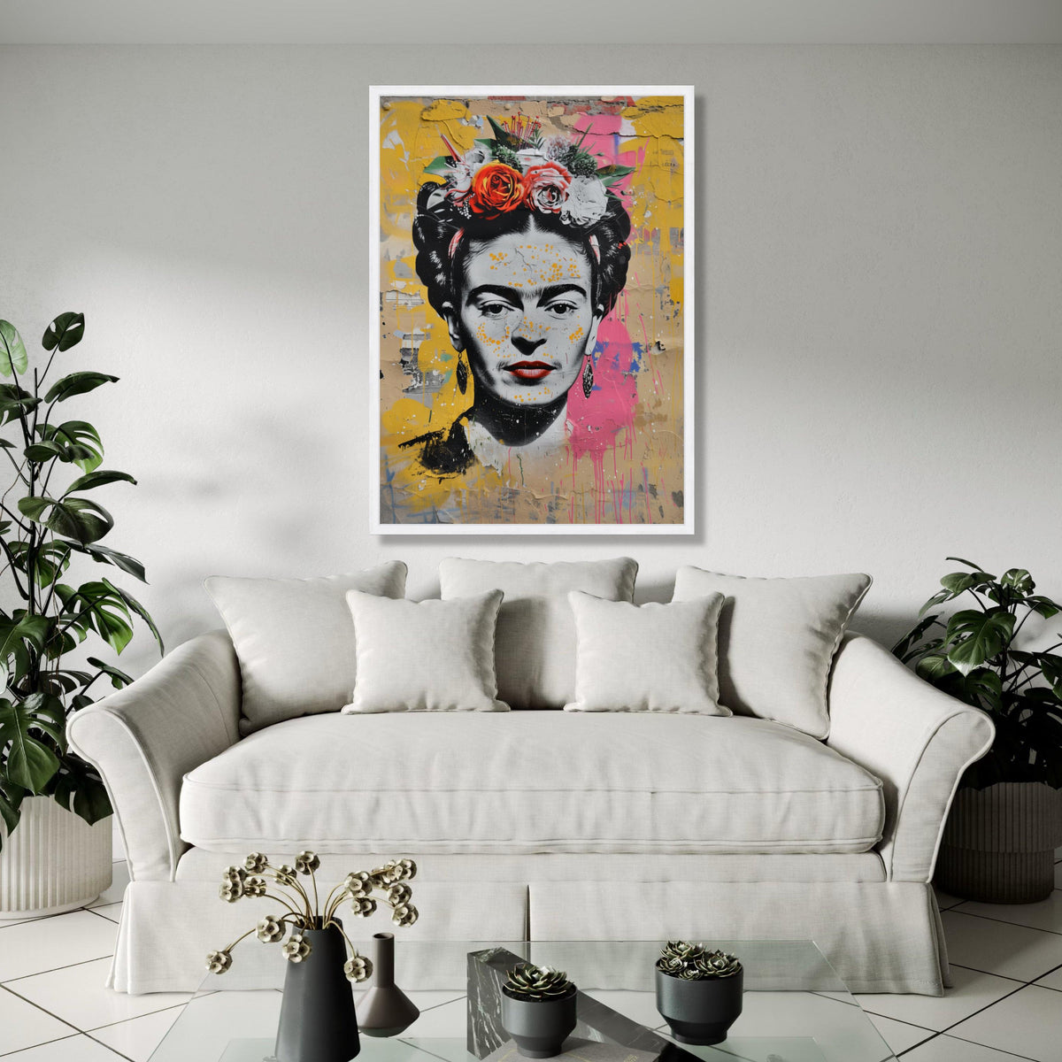 Frida Kahlo Portrait Canvas, Colorful Floral Headpiece Wall Art, Street Art Style, Inspirational Latinx Icon Gift Art, Home Decor, Print