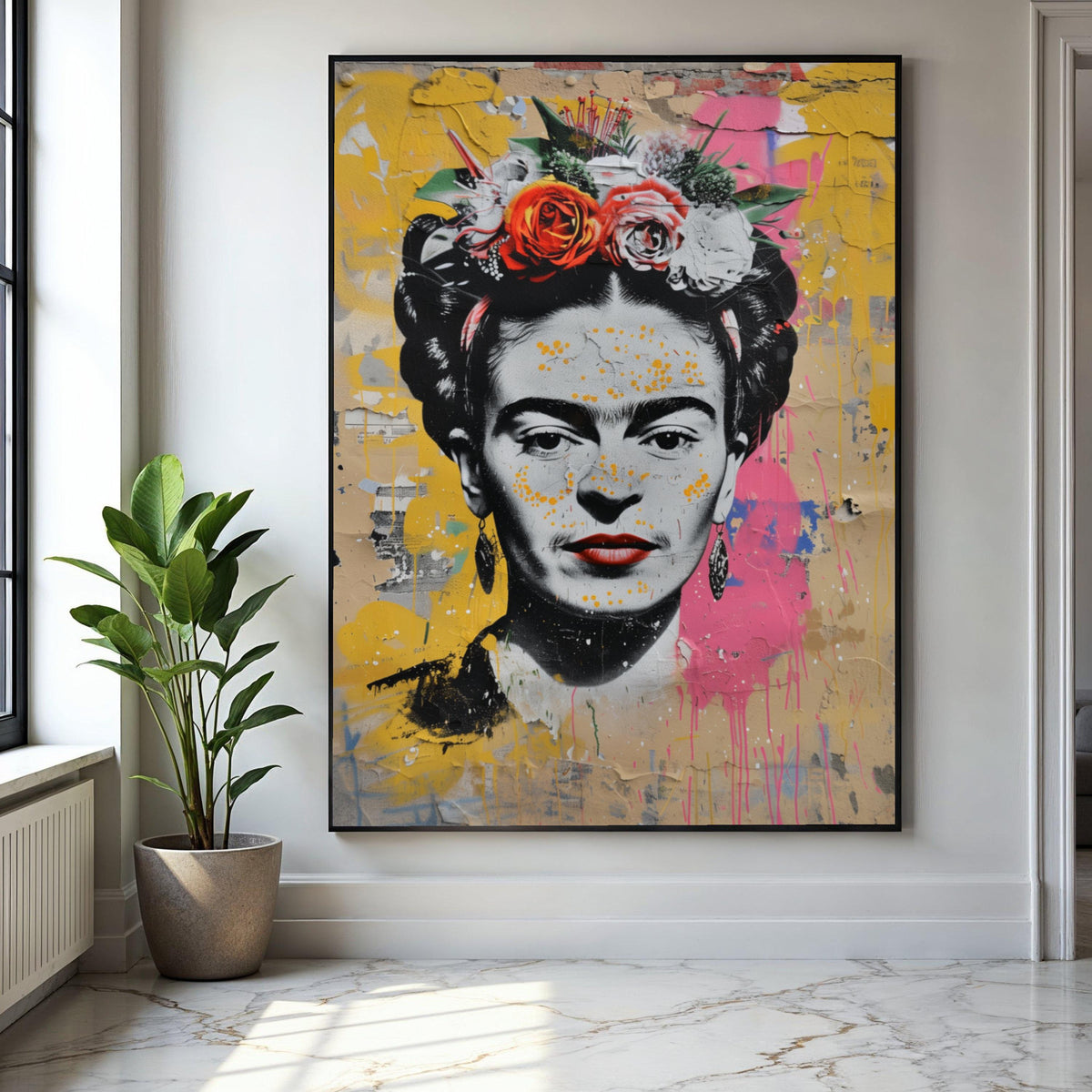 Frida Kahlo Portrait Canvas, Colorful Floral Headpiece Wall Art, Street Art Style, Inspirational Latinx Icon Gift Art, Home Decor, Print