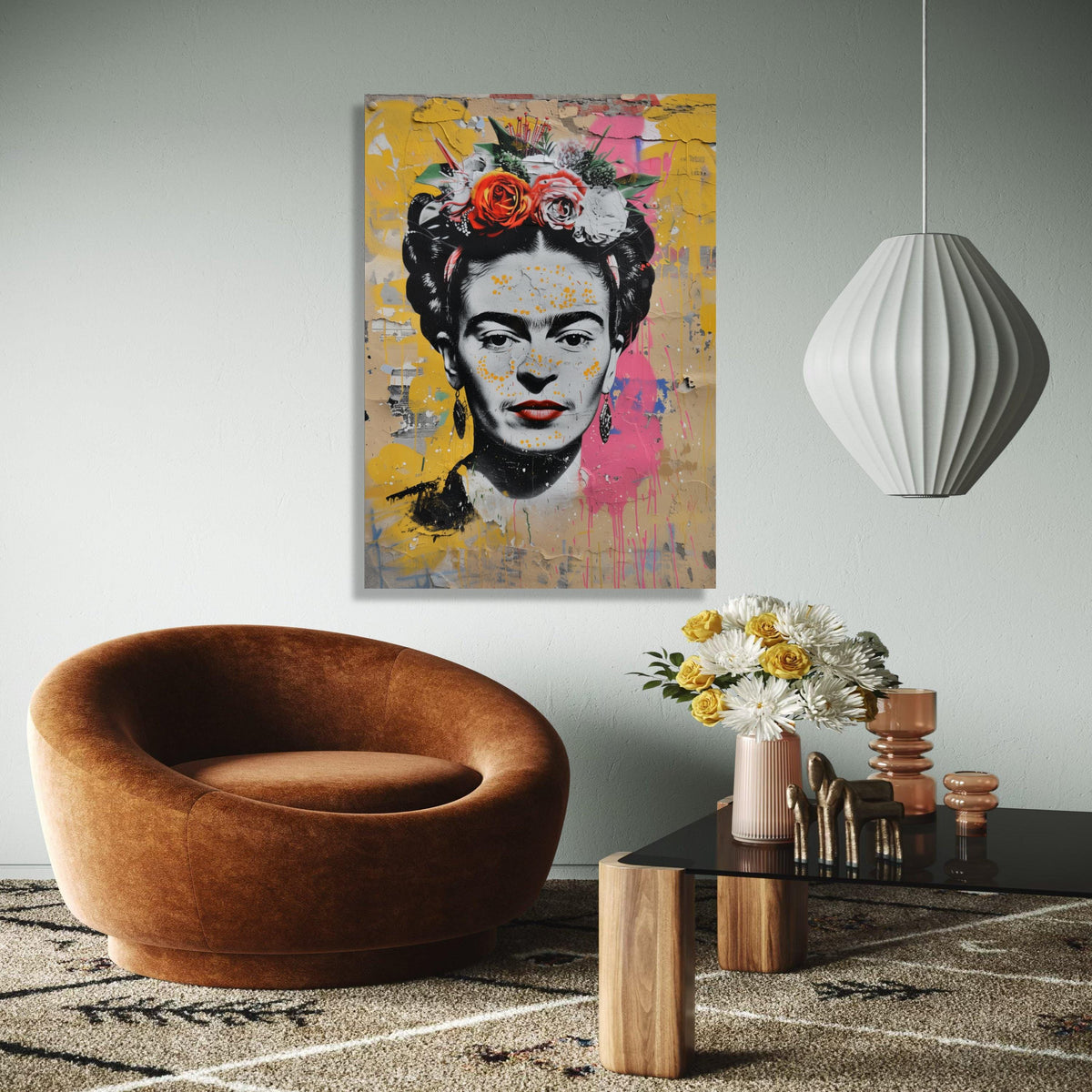 Frida Kahlo Portrait Canvas, Colorful Floral Headpiece Wall Art, Street Art Style, Inspirational Latinx Icon Gift Art, Home Decor, Print