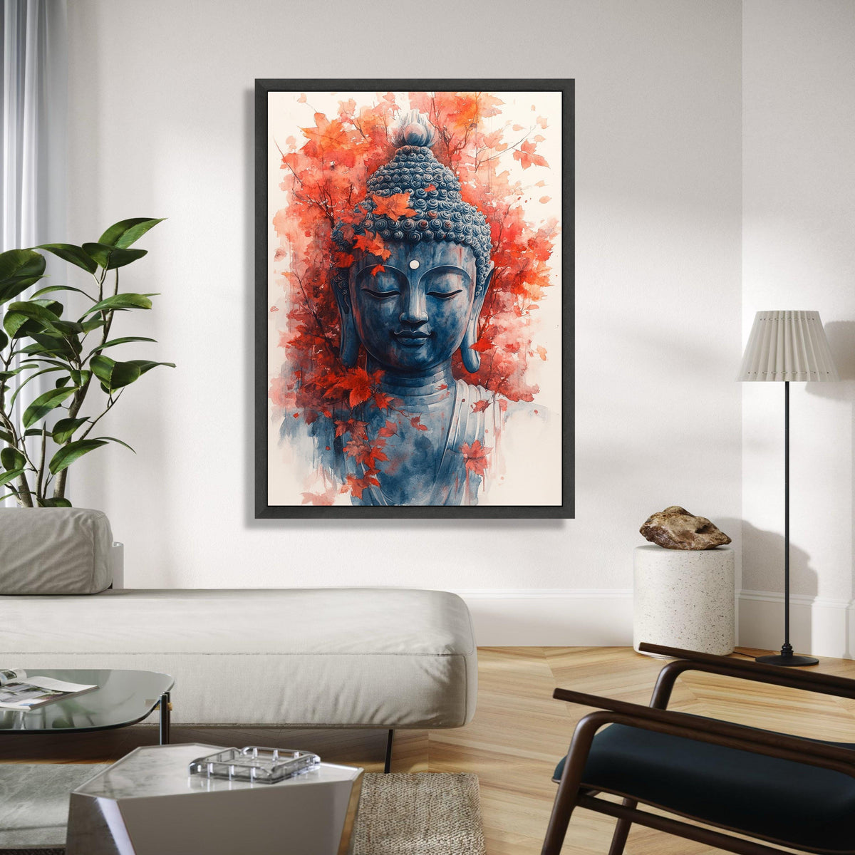 Tranquil Buddha Face Canvas, Autumn Leaves Wall Art, Meditation Spirit Decor, Zen Canvas Painting, Serene Home Gift Art, Home Decor, Print