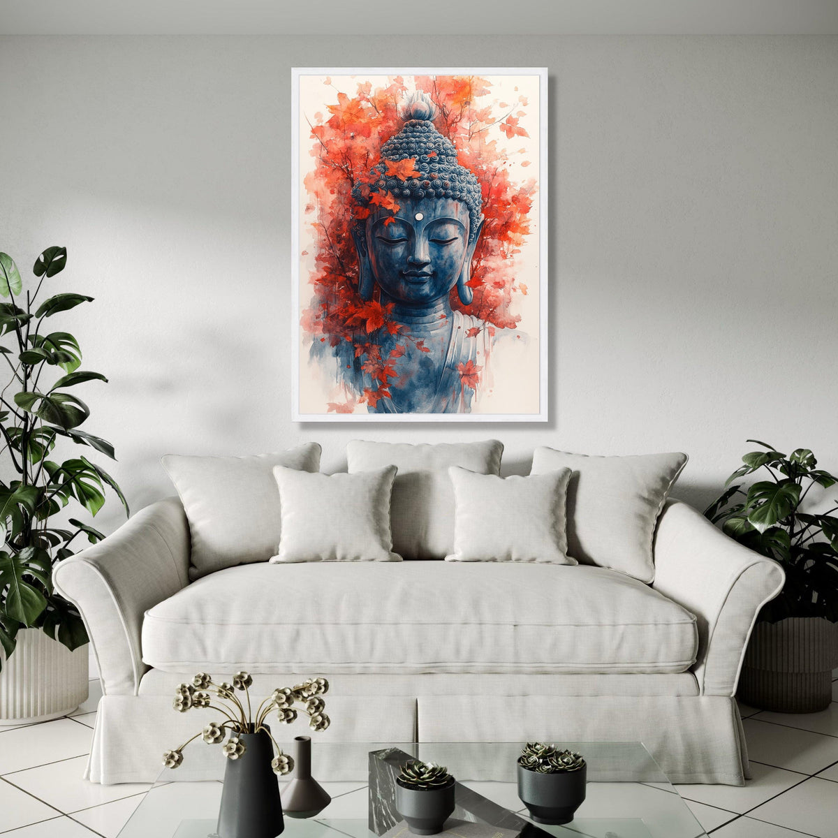 Tranquil Buddha Face Canvas, Autumn Leaves Wall Art, Meditation Spirit Decor, Zen Canvas Painting, Serene Home Gift Art, Home Decor, Print
