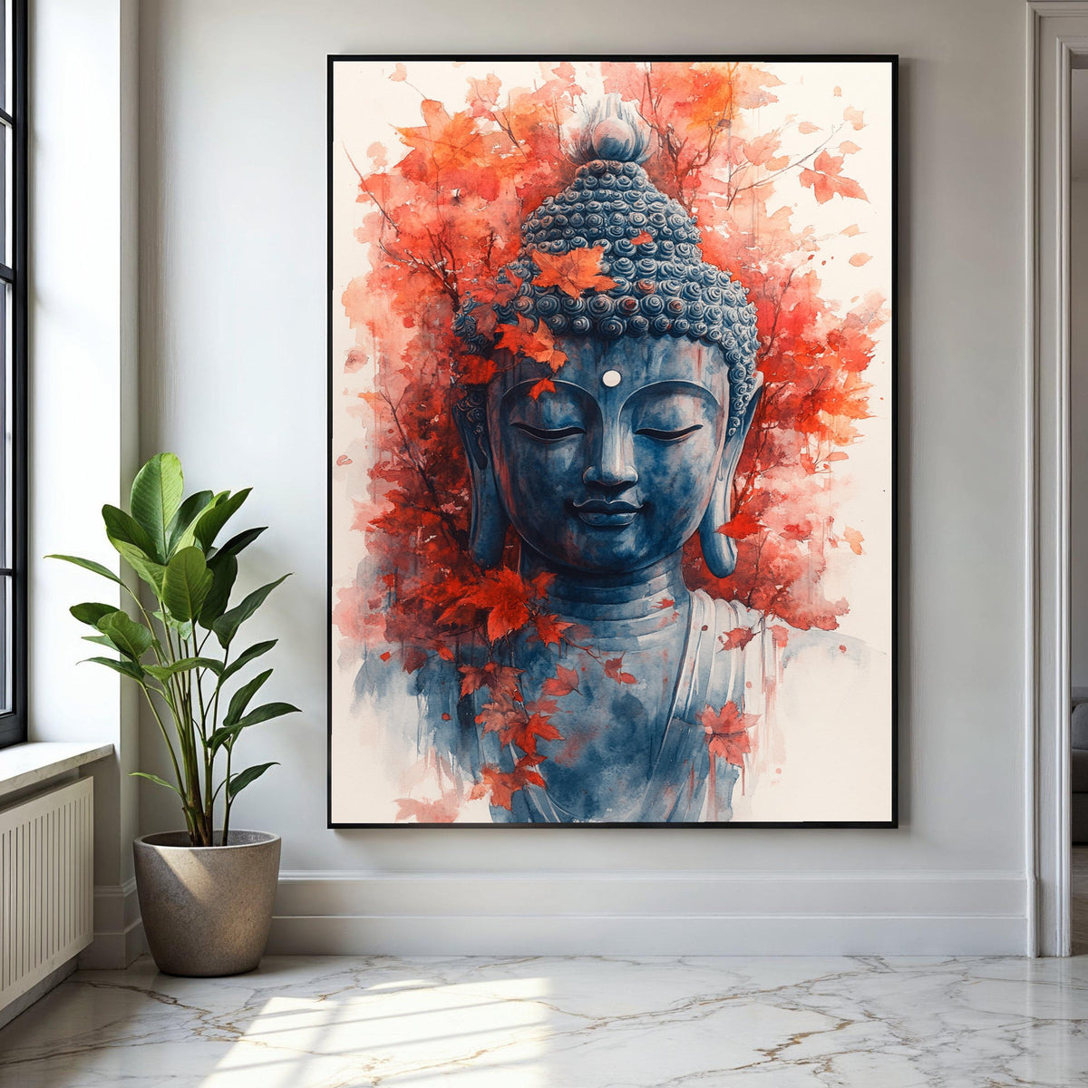 Tranquil Buddha Face Canvas, Autumn Leaves Wall Art, Meditation Spirit Decor, Zen Canvas Painting, Serene Home Gift Art, Home Decor, Print